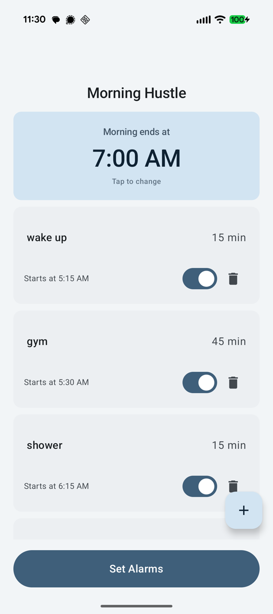 Morning Hustle showing a 7:00 AM finish time and routine tasks for wake up, gym, and shower.